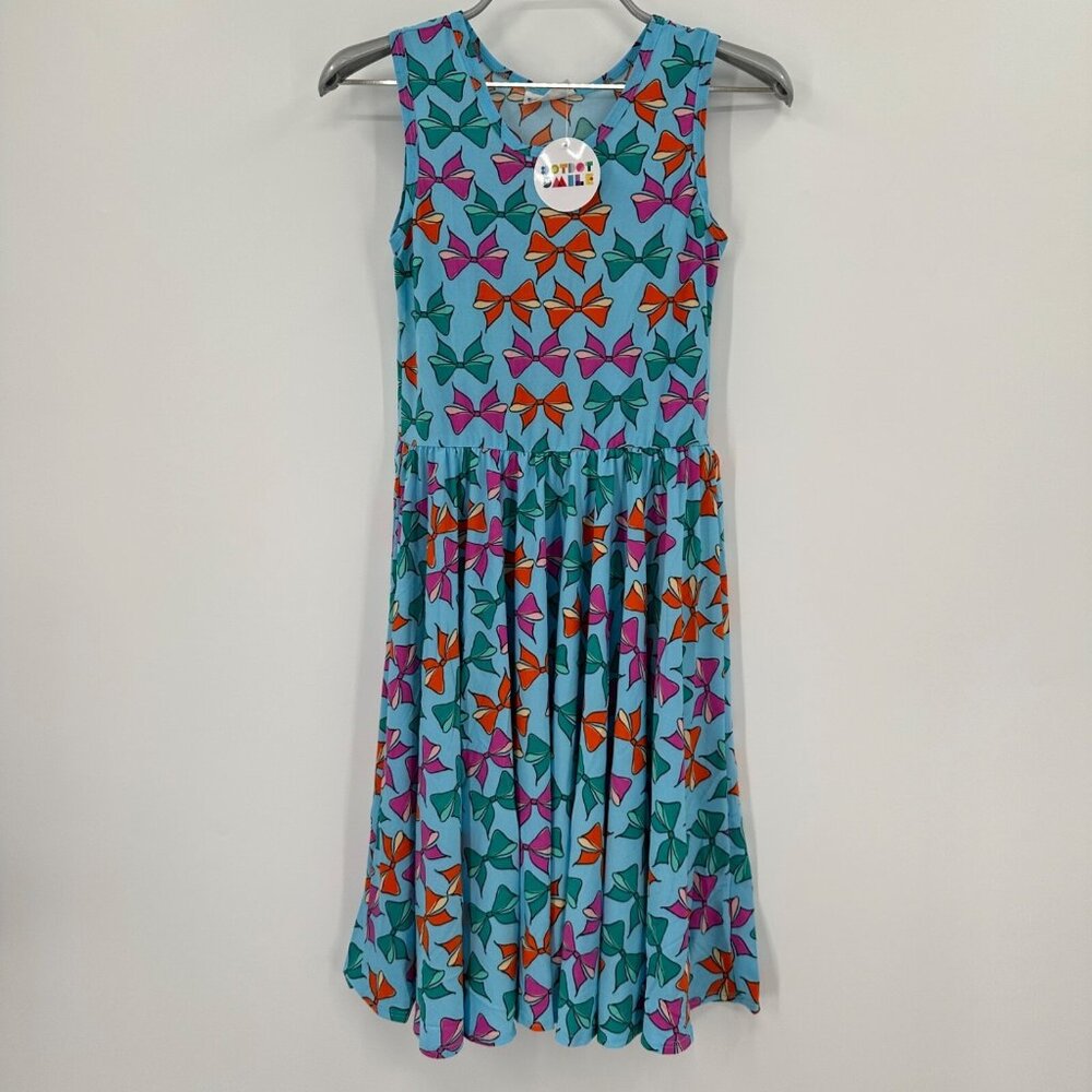 Dot Dot Smile Girl's Sleeveless Tank Dress sz 11 Blue/Colorful Bows Twirl Skirt